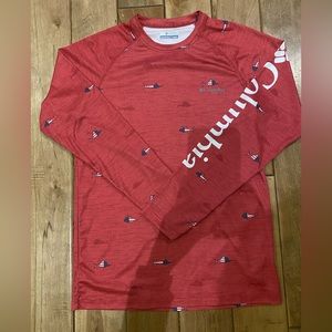 XS Boys Men Red Columbia Long Sleeve Tee Shirt PFG Flag Fish